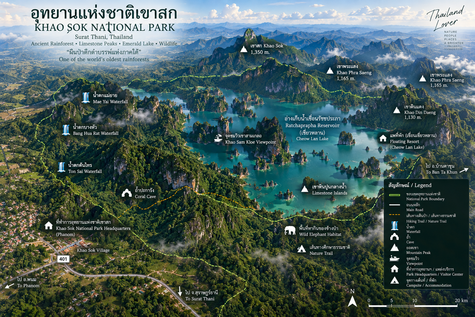 ThailandLover map of Khao Sok National Park showing Khao Sok Village, Highway 401, Cheow Lan Reservoir, Khao Sam Kler, waterfalls, caves and the Phanom and Ban Ta Khun approaches