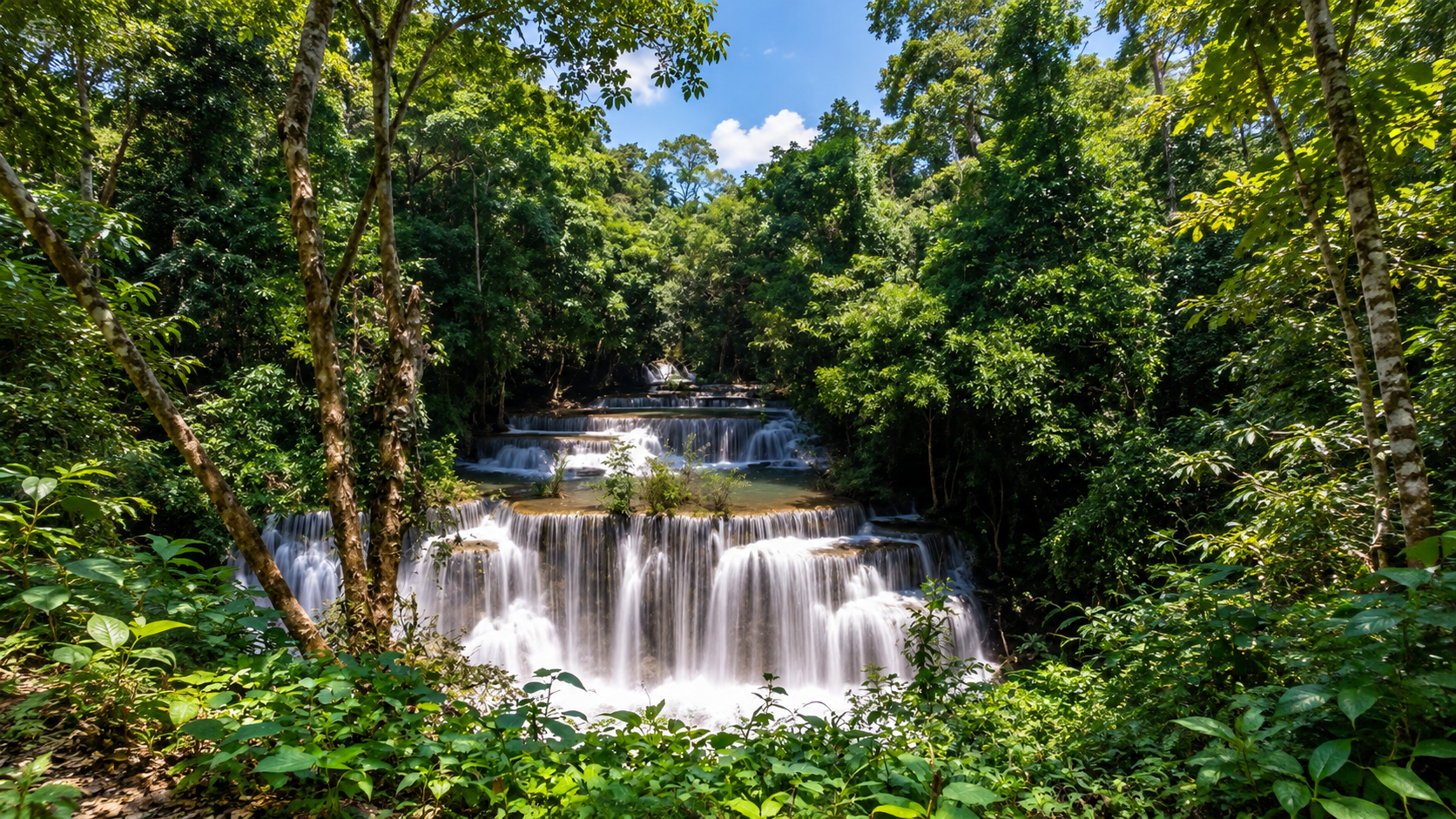 Huai Mae Khamin Waterfall cascading over limestone terraces in forest at Khuean Srinagarindra National Park, Kanchanaburi
