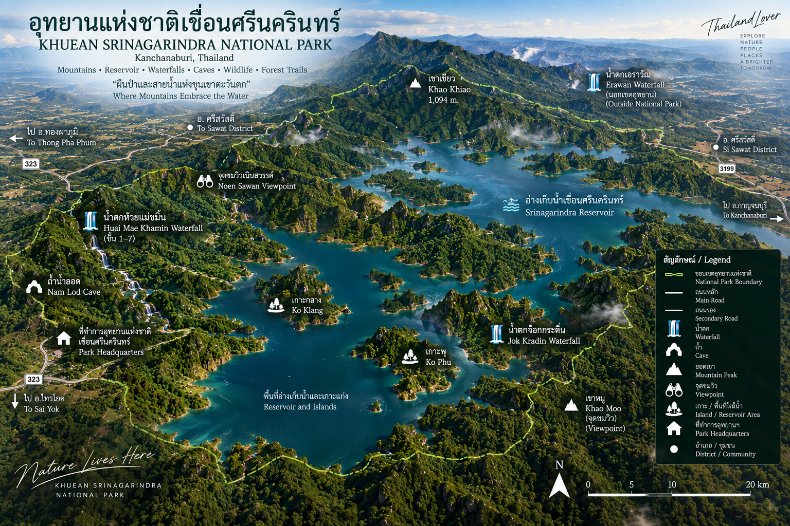 ThailandLover map of Khuean Srinagarindra National Park showing Srinagarind Reservoir, Huai Mae Khamin Waterfall, Nam Lod Cave, Noen Sawan Viewpoint, park headquarters, Ko Klang, Ko Phu, Khao Khiao and the Si Sawat, Sai Yok and Thong Pha Phum approaches