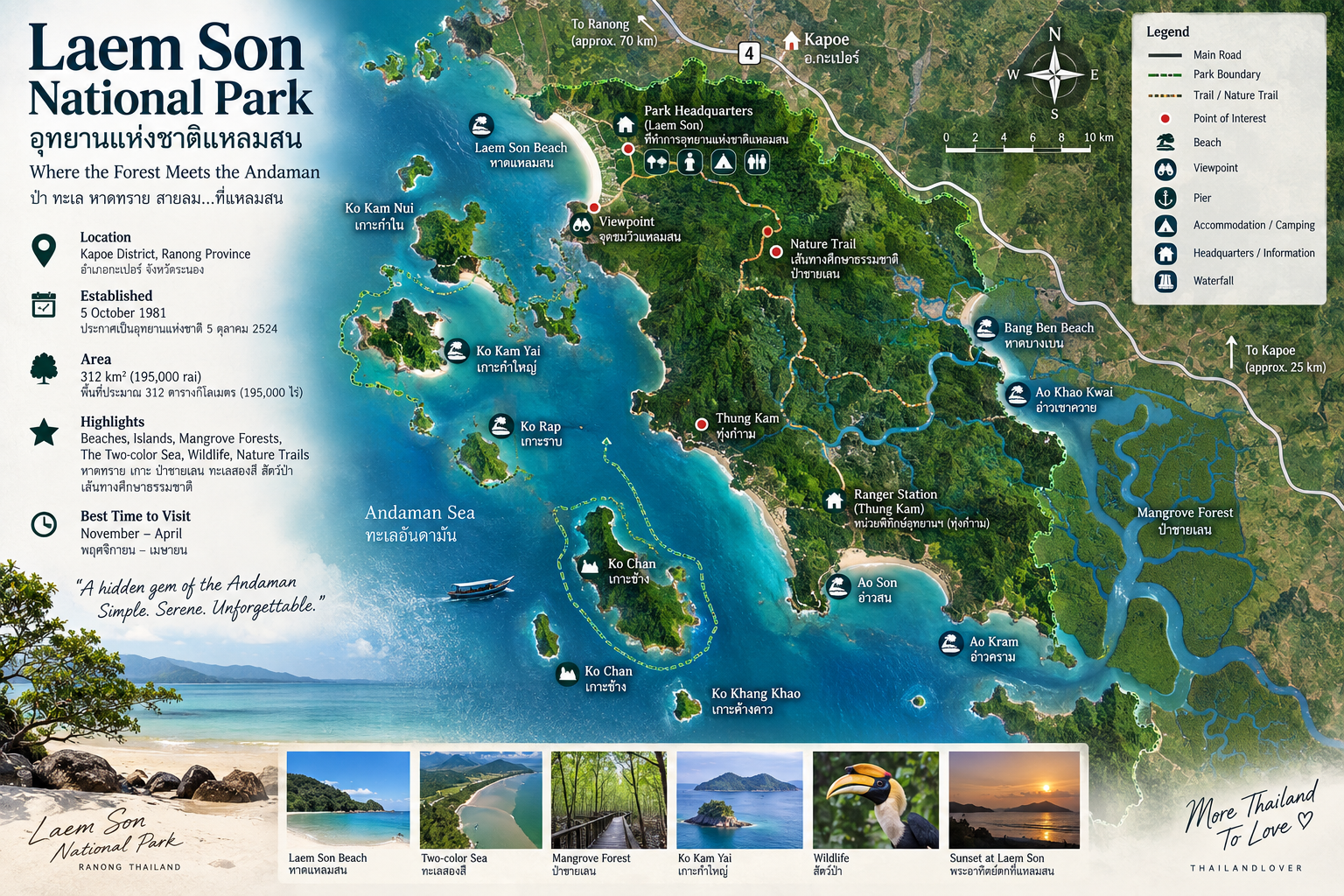 ThailandLover map of Laem Son National Park showing Hat Bang Ben, Hat Laem Son, Ko Kam Yai, Ko Kam Nui, Ko Khang Khao, mangroves and the Kapoe coast