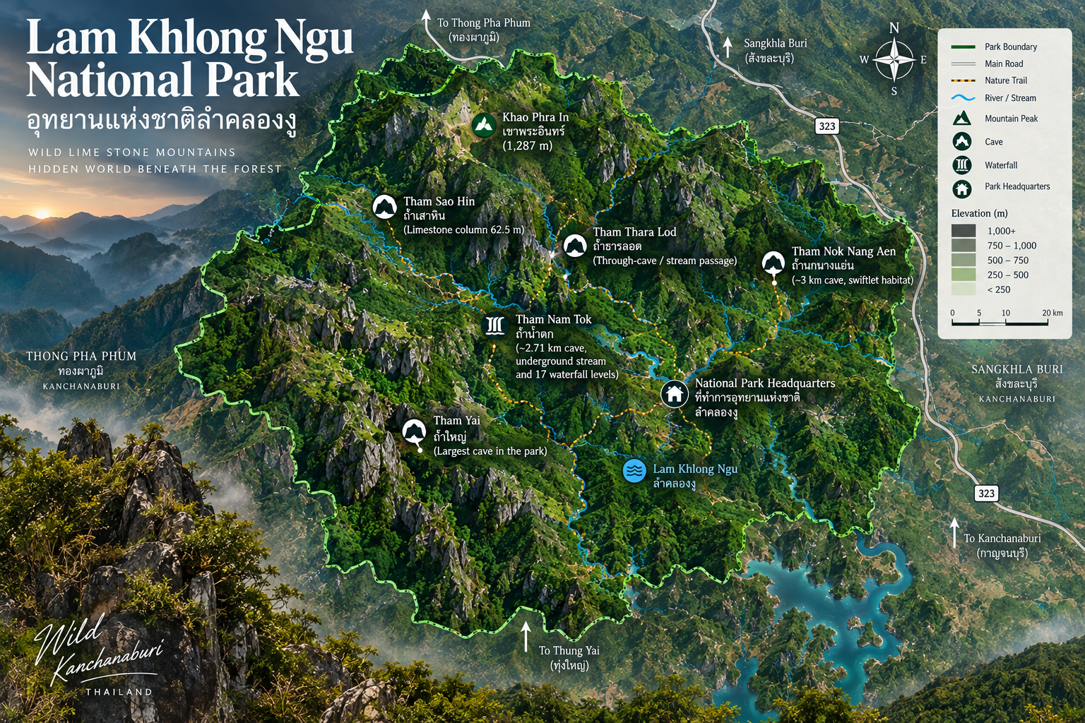 ThailandLover map of Lam Khlong Ngu National Park in Thong Pha Phum, showing Tham Sao Hin, Tham Nok Nang Aen, Tham Nam Tok, Tham Yai, Tham Thara Lod and the park headquarters