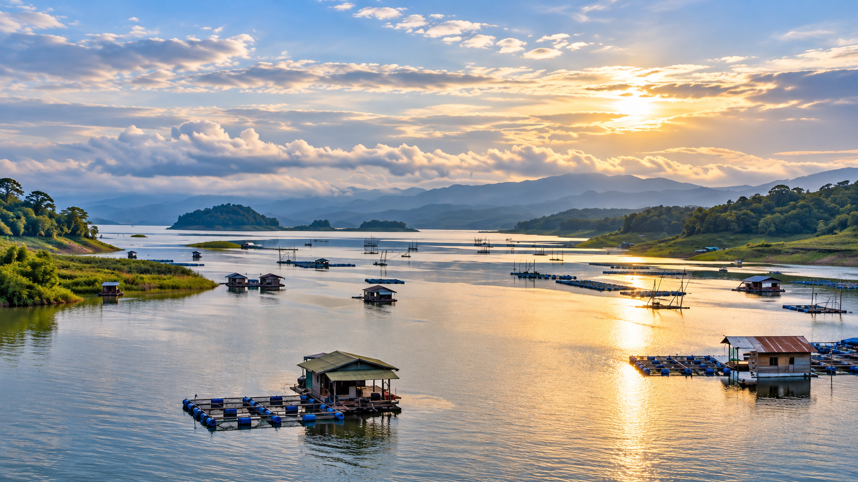 Golden hour over Sirikit Reservoir, with floating raft houses, islands and layered mountain ridges at Lam Nam Nan National Park