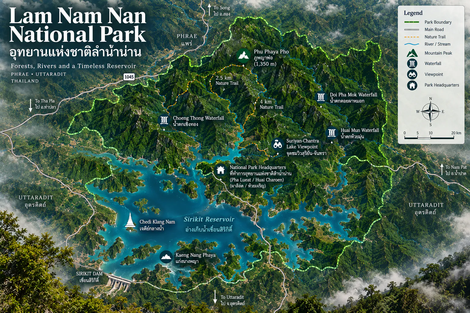 Illustrated orientation map of Lam Nam Nan National Park showing Sirikit Reservoir, Sirikit Dam, Phu Phaya Pho, nature trails, waterfalls and the boundary between Phrae and Uttaradit