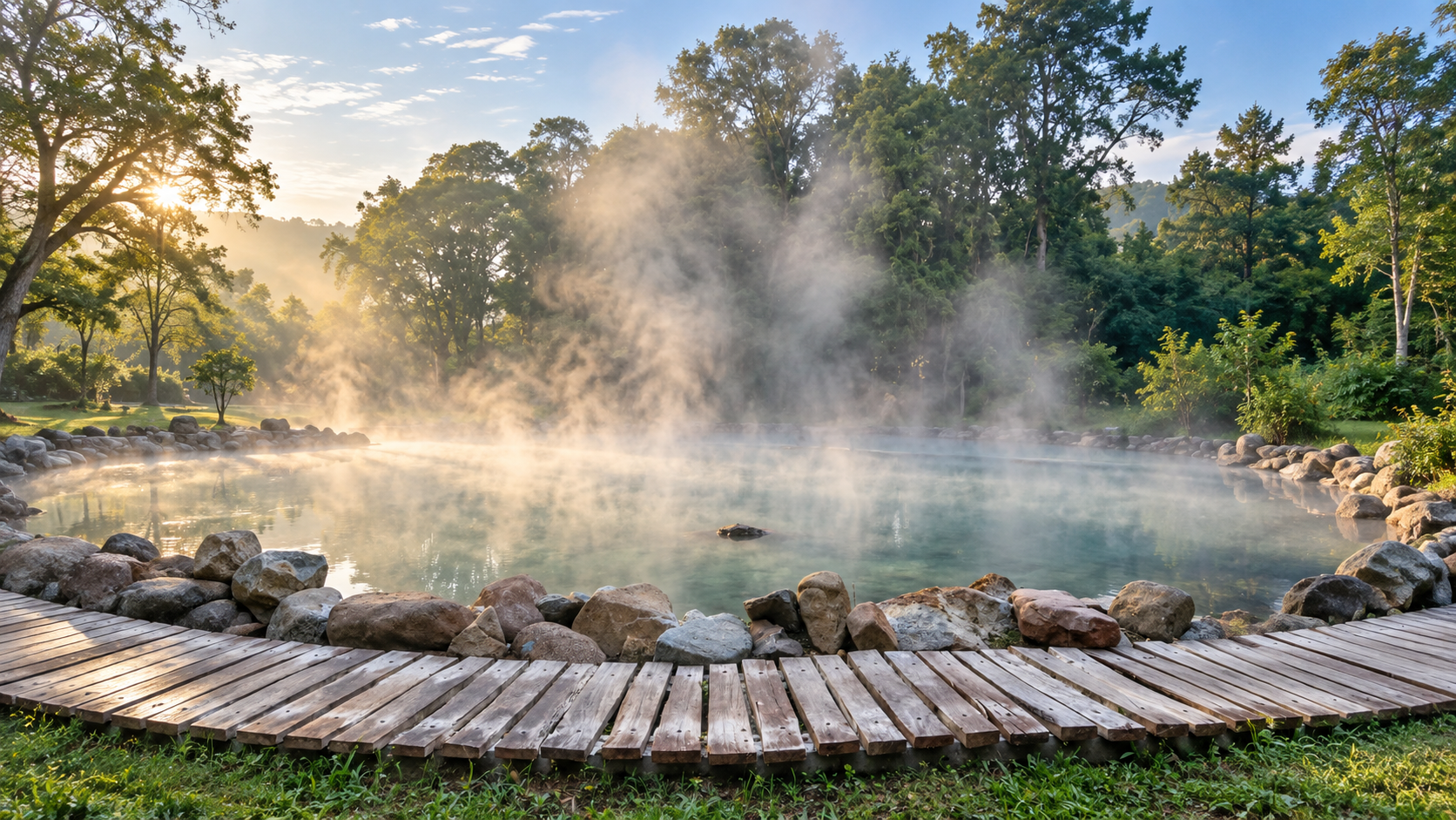 Steam rising from a mineral pool at sunrise beside a wooden walkway at Huai Mak Liam Hot Spring, Lam Nam Kok, Chiang Rai