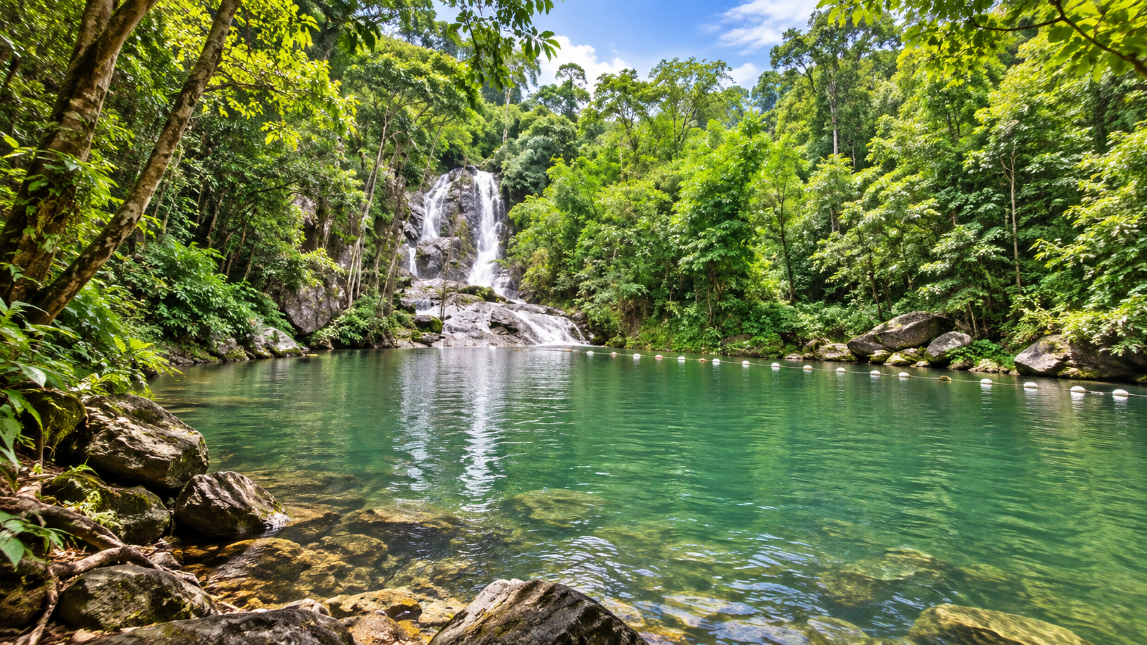 Punyaban Waterfall dropping through rainforest into a clear green pool at Lam Nam Kra Buri National Park