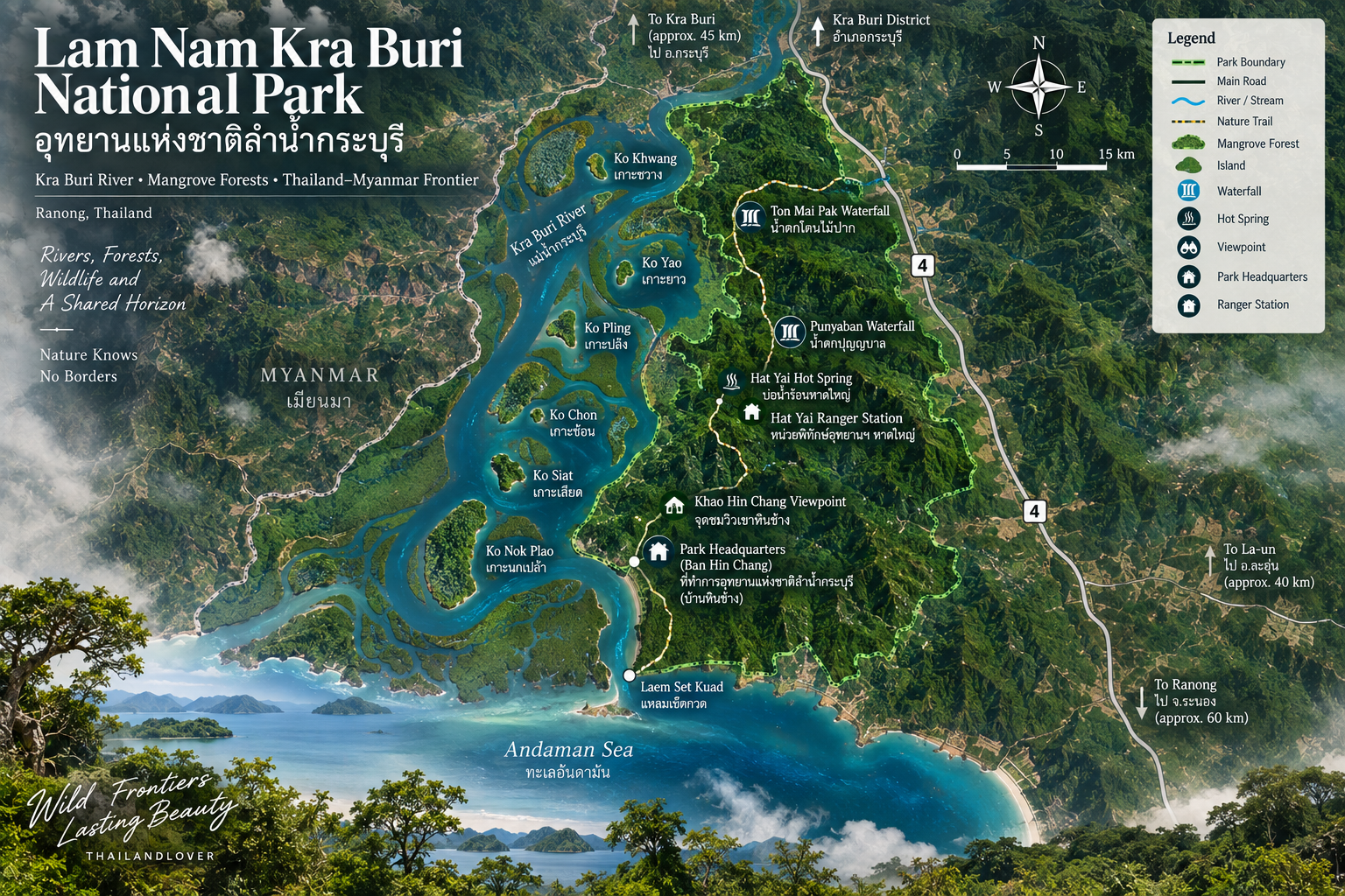 Illustrated map of Lam Nam Kra Buri National Park showing the Kra Buri River, six river islands, Laem Set Kuat, Khao Hin Chang, Punyaban Waterfall and the Thailand–Myanmar frontier