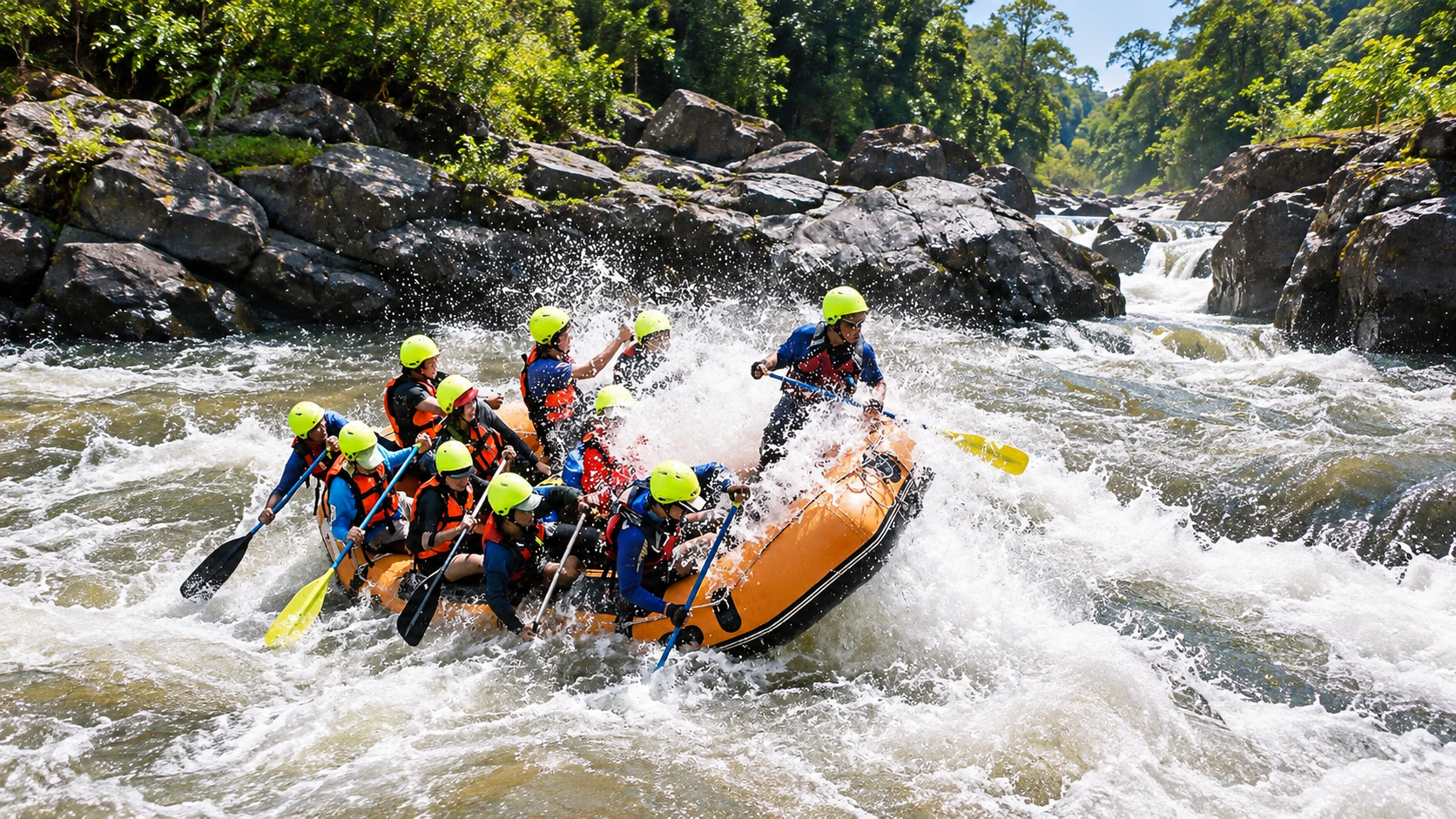 White-water rafters driving a yellow raft through a rapid on the Nam Wa at Mae Charim National Park, Nan