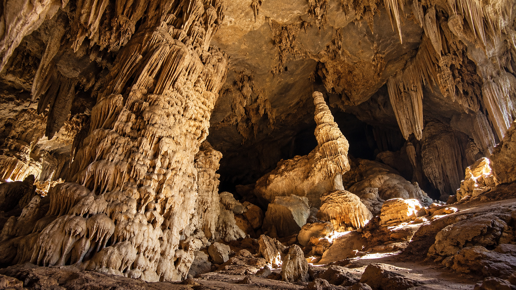 Massive flowstone columns and a central stalagmite inside Mae U-Su Cave at Mae Moei National Park