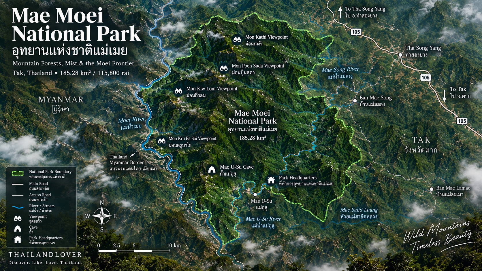 Illustrated orientation map of Mae Moei National Park showing the Moei River, Mon Kiew Lom, Mon Kru Ba Sai, Mon Poon Suda, Mae U-Su Cave, Highway 105 and the park boundary in Tak