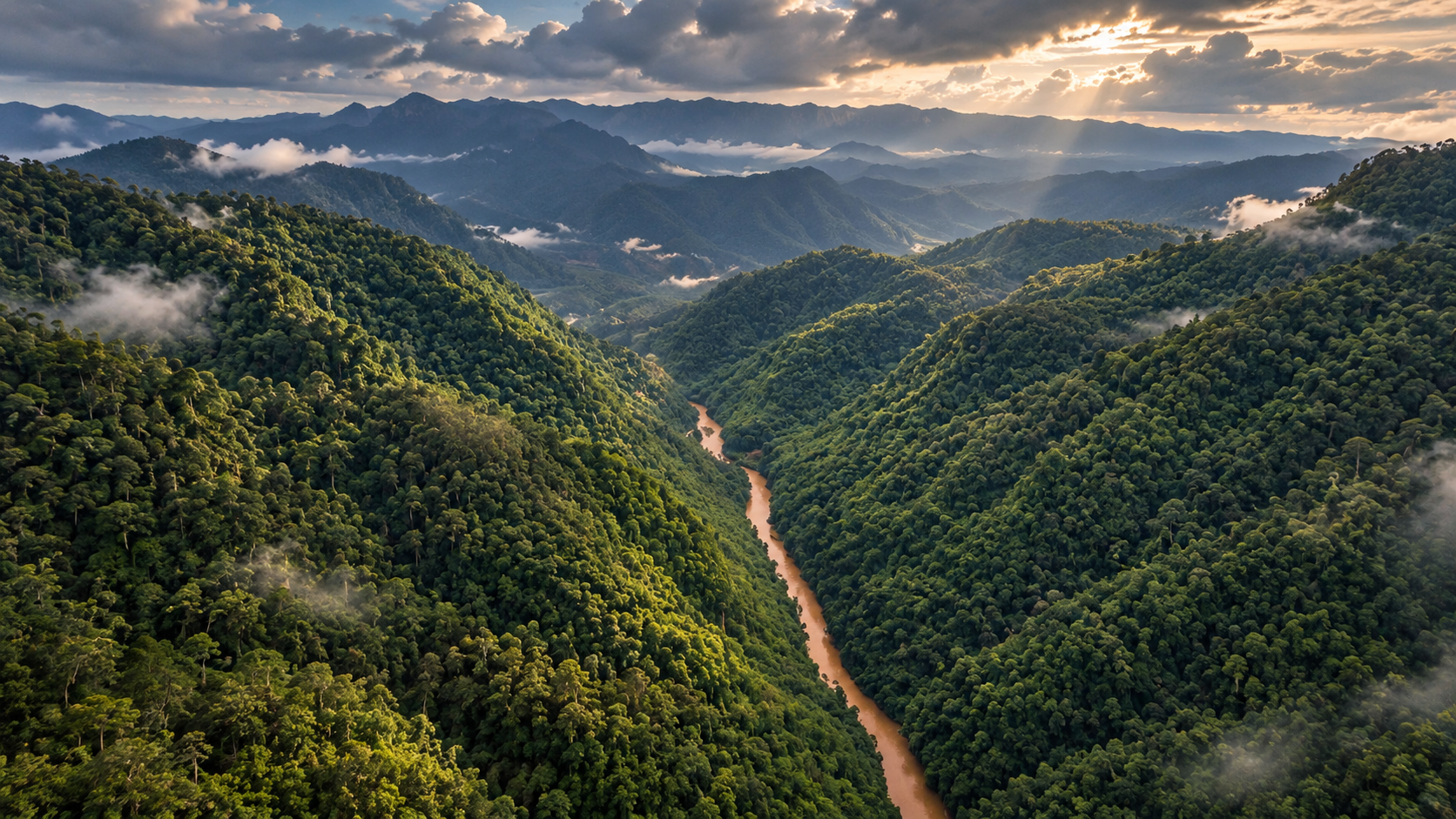 Aerial view of the Mae Ngao River winding through dense green mountains, mist in the valleys and sunlight breaking through cloud