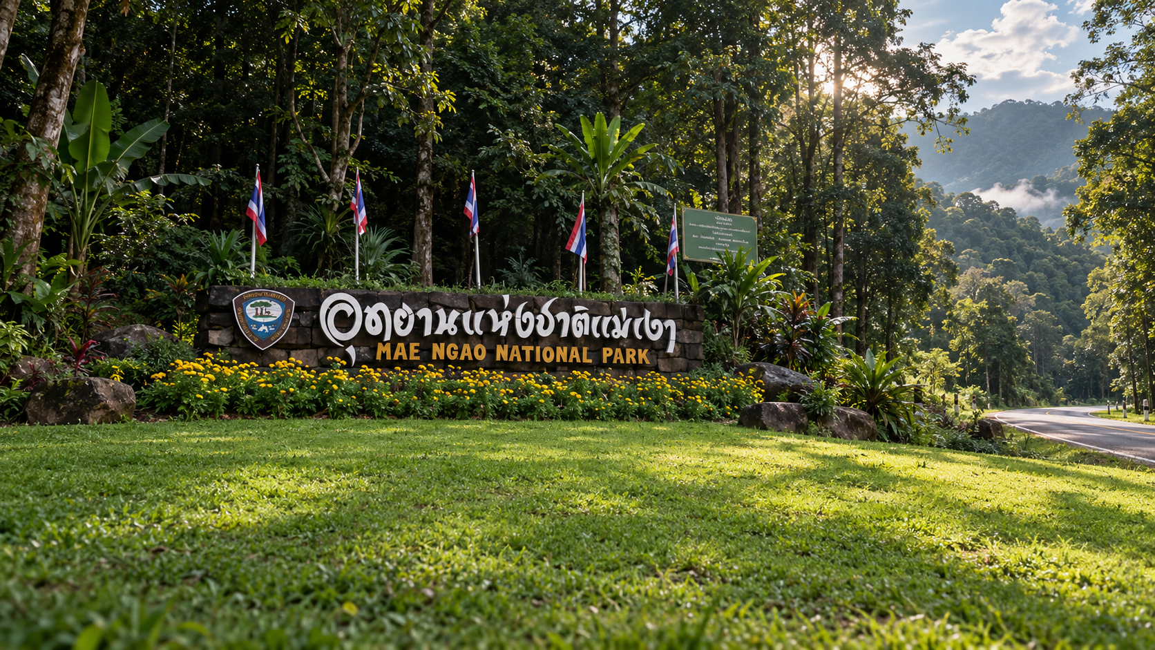 Stone entrance sign for Mae Ngao National Park, with Thai flags, forest and a mountain road beyond