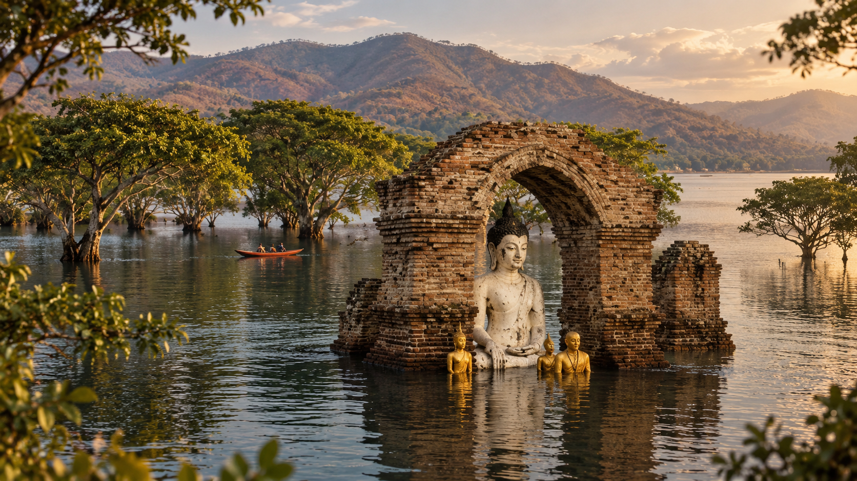 A seated Buddha inside a flooded brick arch, dry-season trees standing in the reservoir at Mae Ping National Park