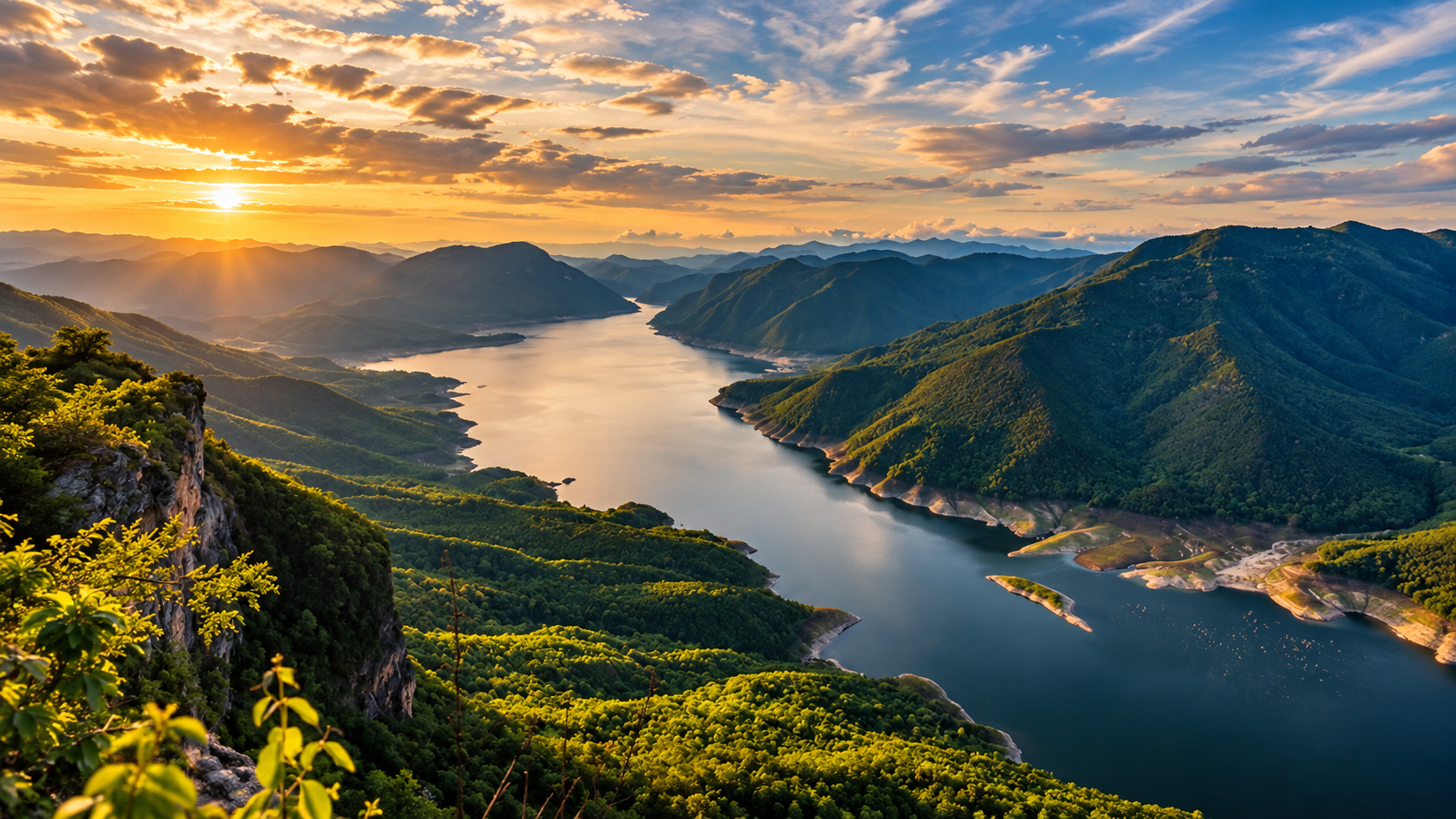Sunrise from a cliff above a long reservoir winding between forested mountains at Mae Ping National Park