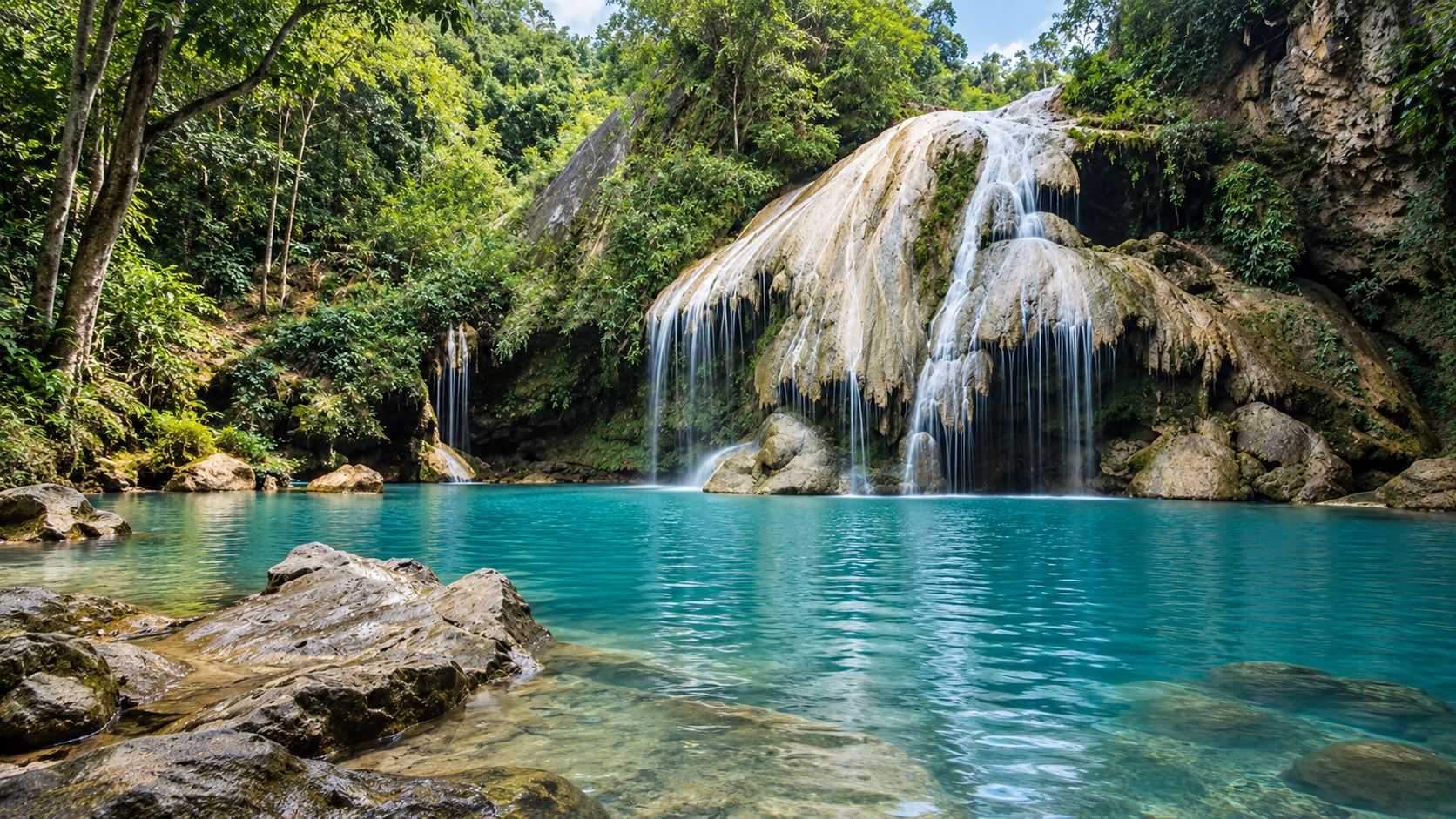 A limestone waterfall falling into a turquoise pool at Ko Luang, Mae Ping National Park