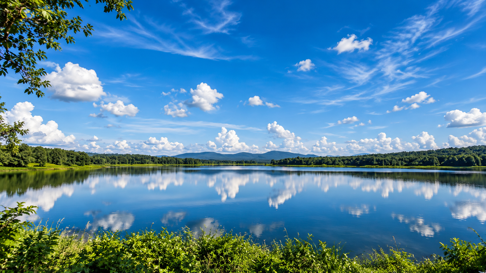 Mae Puem Reservoir reflecting a blue sky and cumulus clouds, forested hills on the far shore