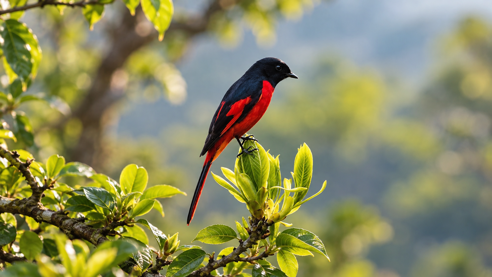 A black-and-red minivet perched on fresh leaves, with forested mountains soft in the background