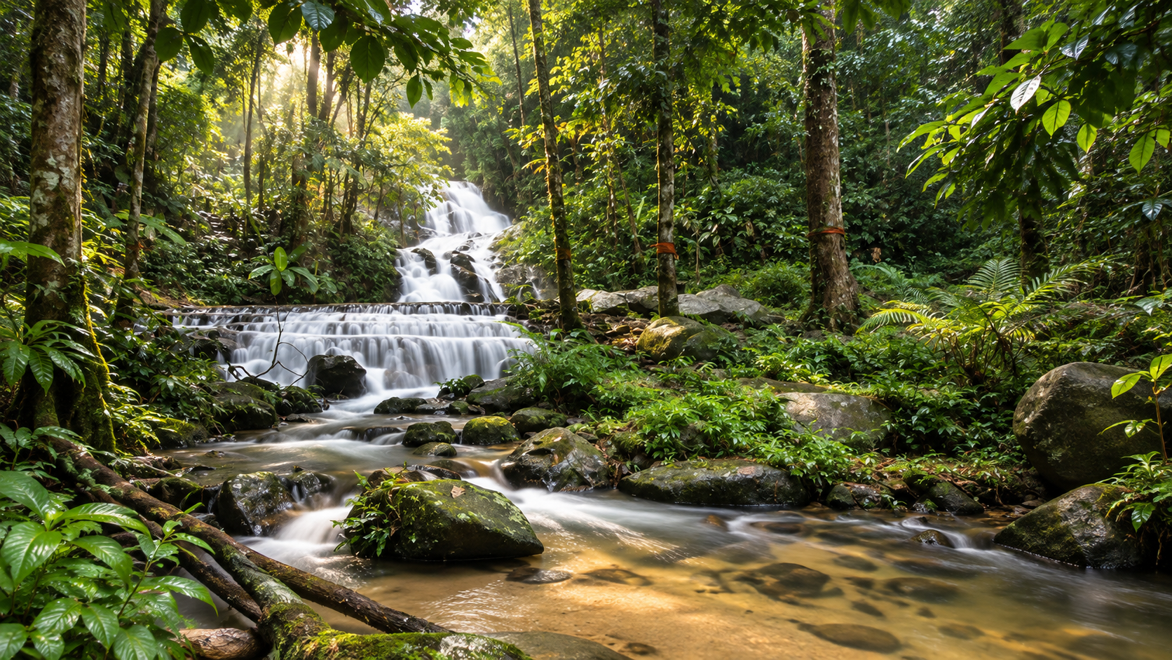 A multi-tiered forest waterfall in the green woodland of Mae Takhrai National Park