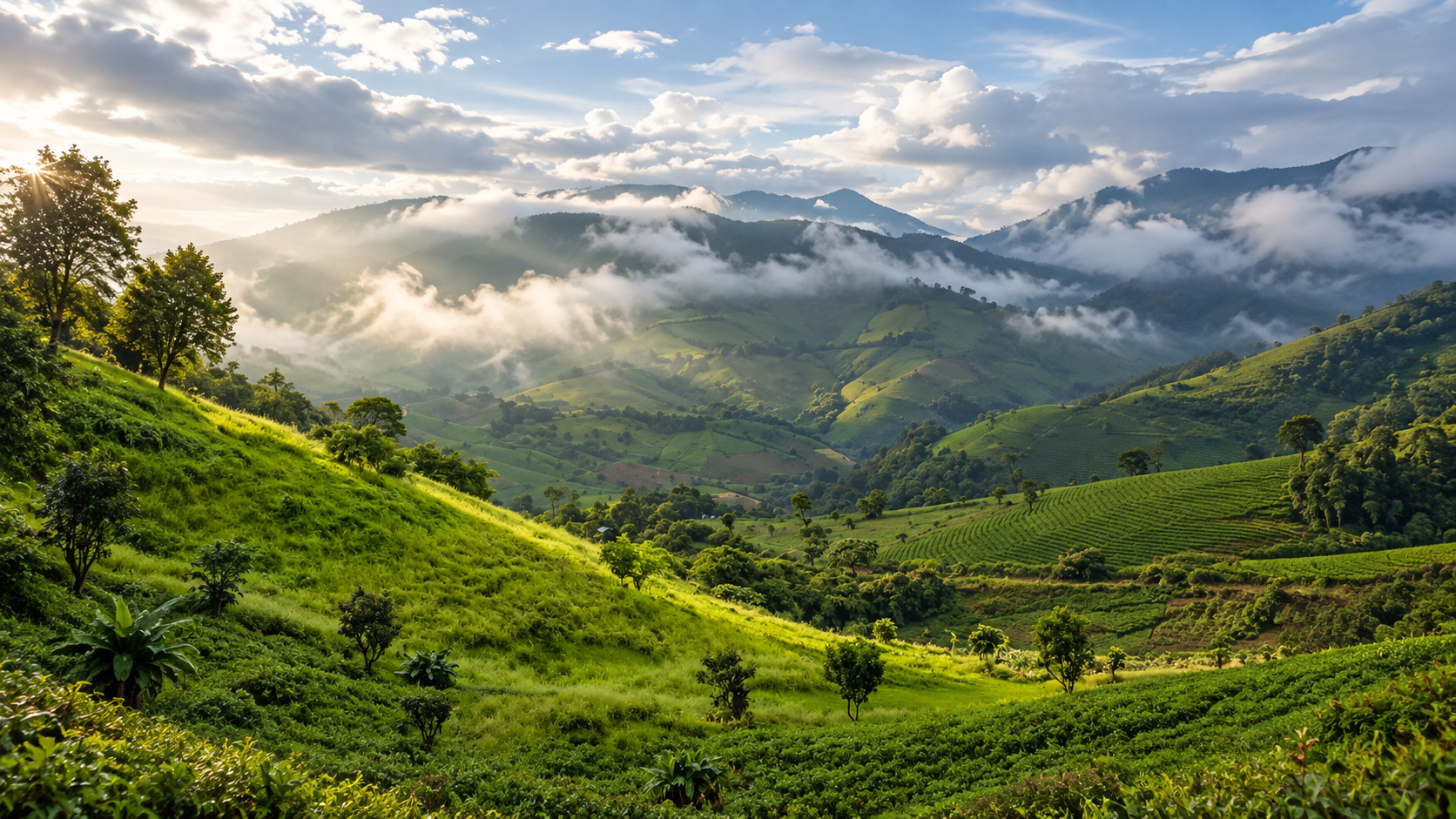Green highland valleys and terraced fields under morning cloud in the Mae Tho landscape