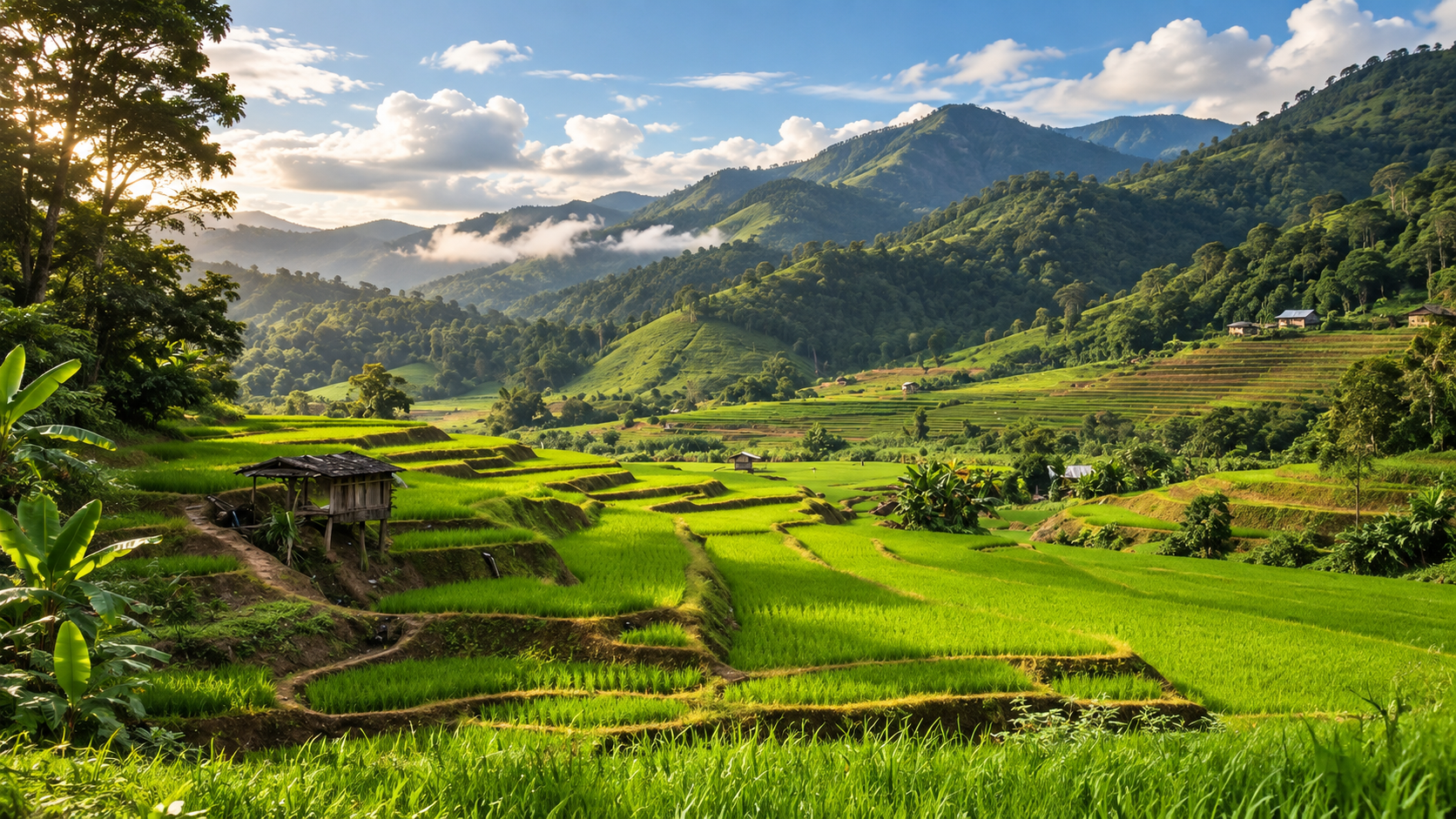 Rice terraces and a wooden field hut below forested ridges in the Mae Tho highlands
