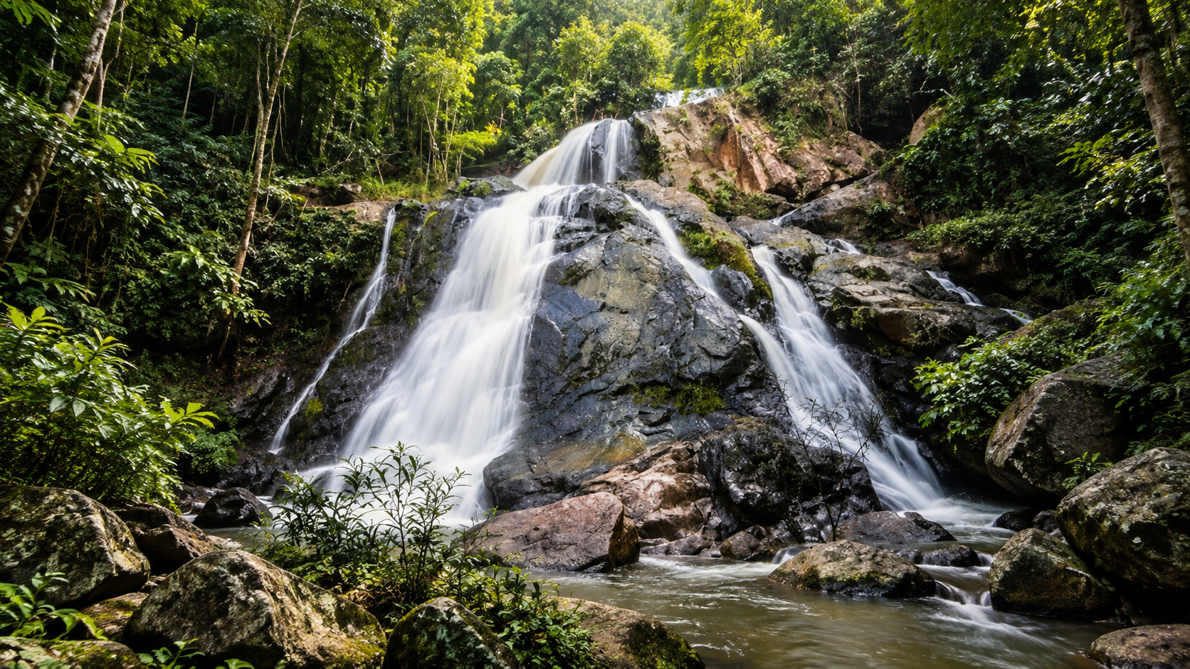 A multi-tiered waterfall spilling over dark rock into a forest pool at Mae Wa National Park