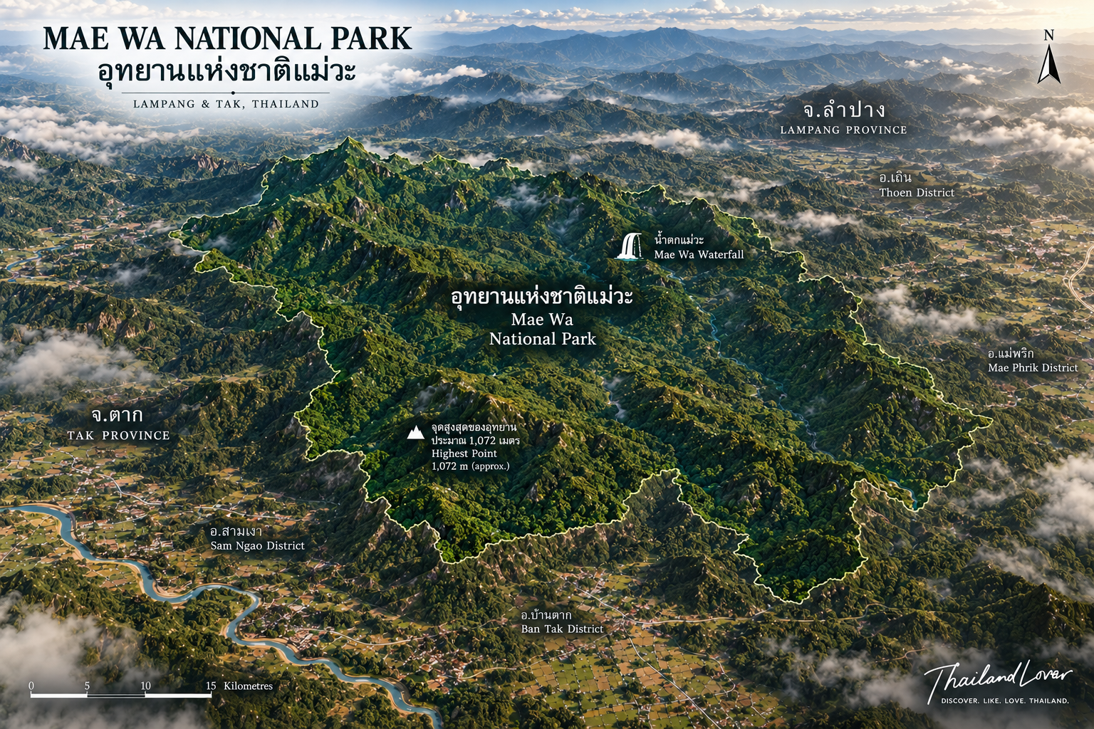 Illustrated orientation of Mae Wa National Park across Lampang and Tak, with Mae Wa Waterfall and the four surrounding districts