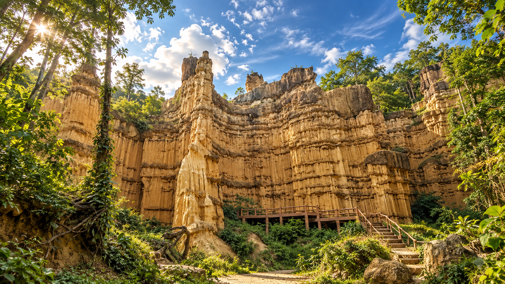 Layered earthen pillars and cliffs of Pha Chor at Mae Wang National Park