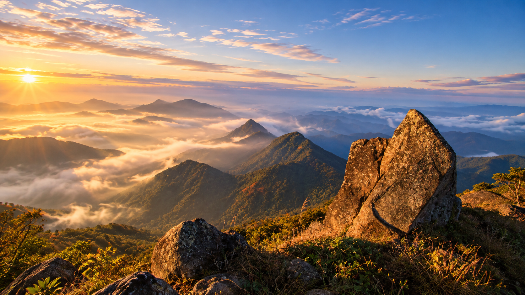 Sunrise over layered ridges and a sea of mist, seen from a rocky summit in Mae Wong National Park