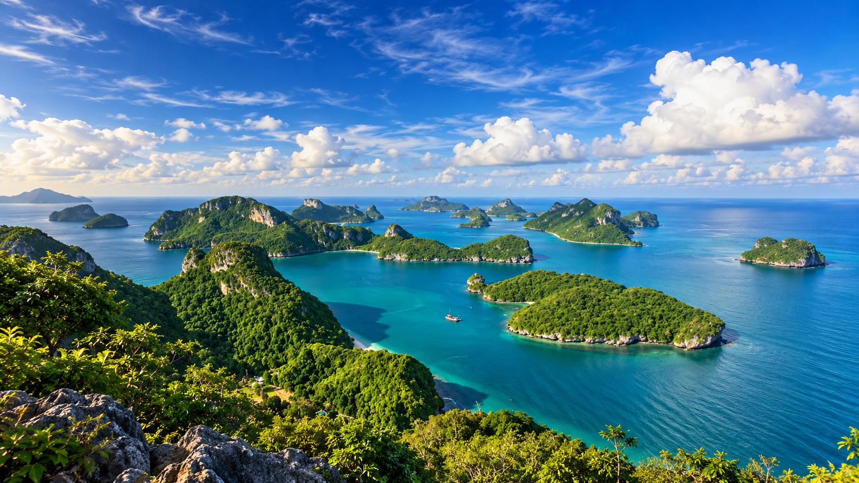 View from Pha Chan Charat over forested limestone islands in Mu Ko Ang Thong National Park