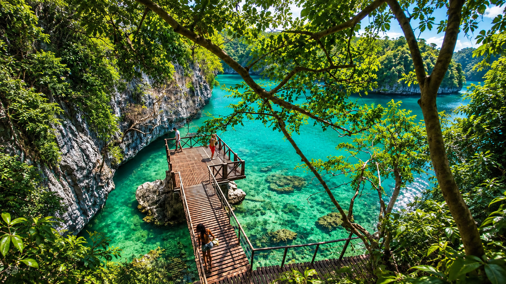 A timber viewpoint platform above clear water and limestone cliffs in Mu Ko Ang Thong National Park