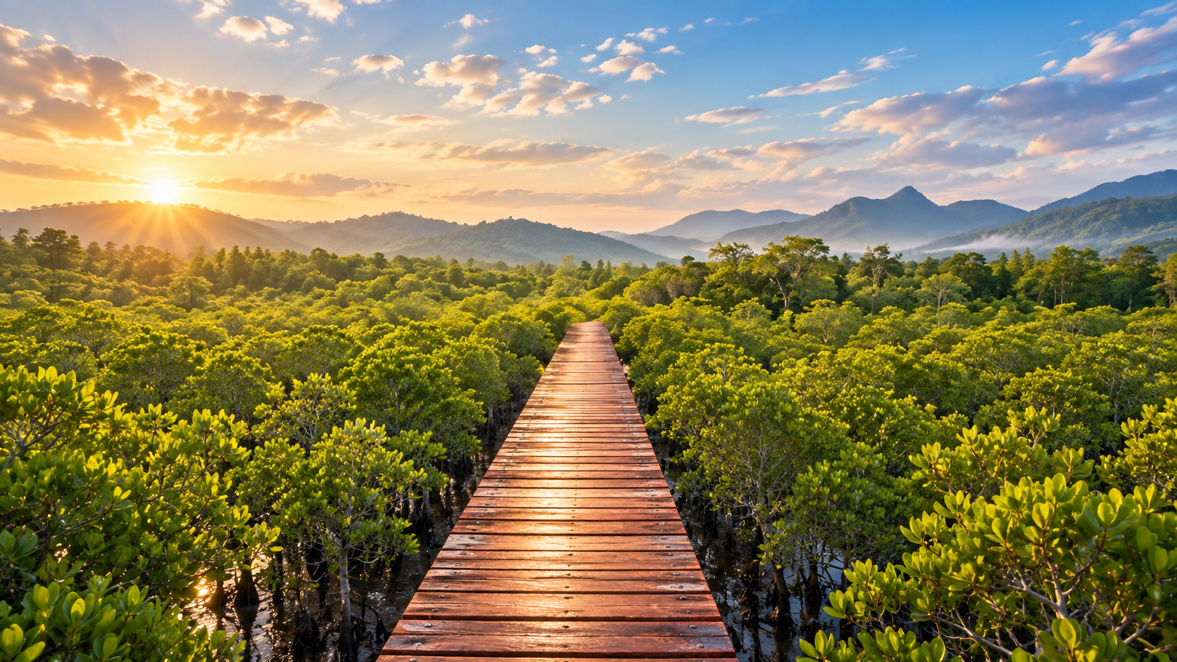 A wooden boardwalk through mangrove forest toward misty mountains at sunrise in Mu Ko Chang National Park
