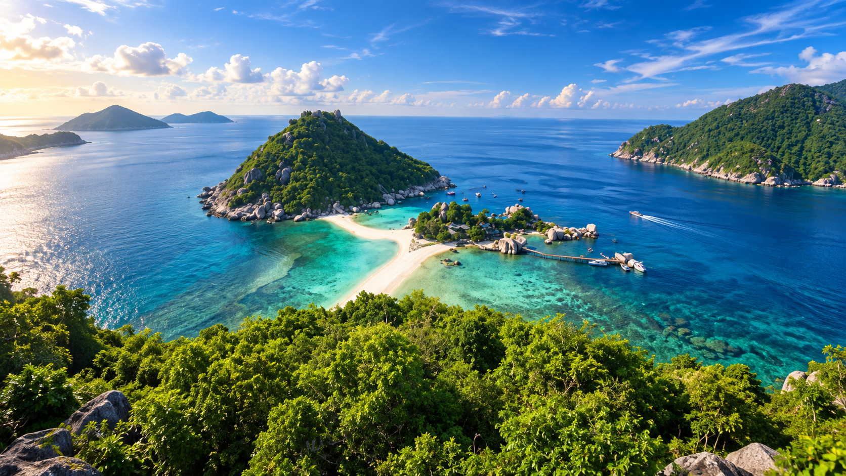A forested granite islet linked by a pale sandbar to turquoise reef water in the Ko Chang archipelago