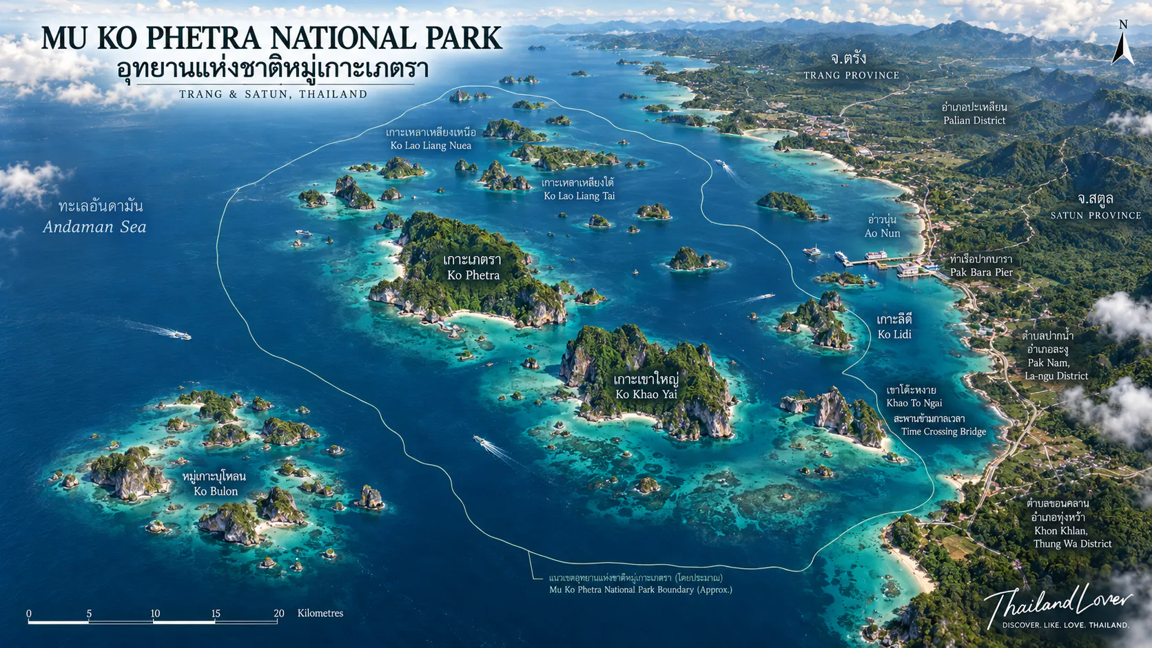 Illustrated aerial map of Mu Ko Phetra National Park showing Ko Phetra, Ko Khao Yai, Ko Lidi, Ko Bulon, Ko Laoliang, Ao Nun, Pak Bara and Khao To Hong across Satun and Trang
