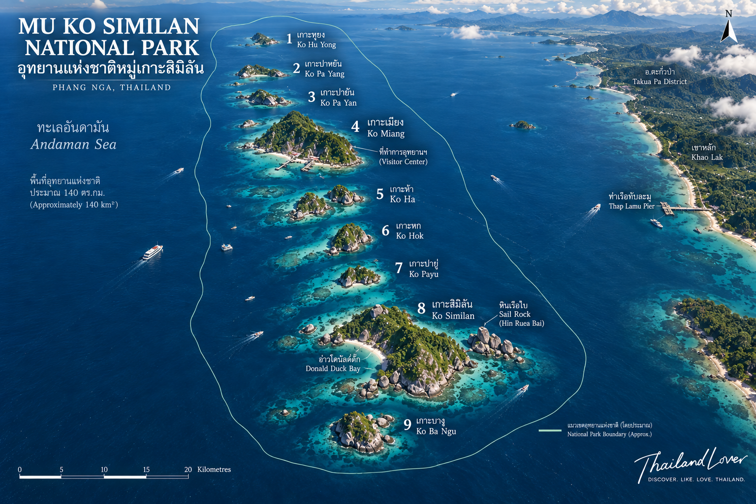 Map of Mu Ko Similan National Park showing the eleven islands from Ko Tachai and Ko Bon in the north to Ko Hu Yong in the south, off Phang Nga in the Andaman Sea