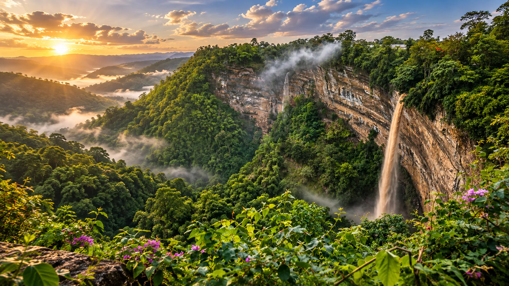 Waterfall and cliff landscape in the mountain forest of Nam Nao National Park