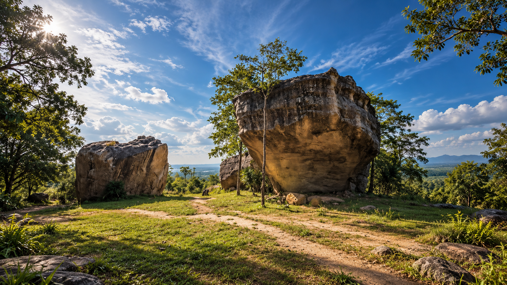Nam Phong National Park — sandstone viewpoint overlooking forest and Ubolratana Reservoir