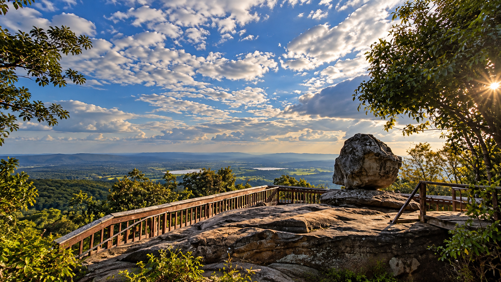 Hin Chang Si viewpoint with sandstone boulder railing and panoramic view of Ubolratana Reservoir