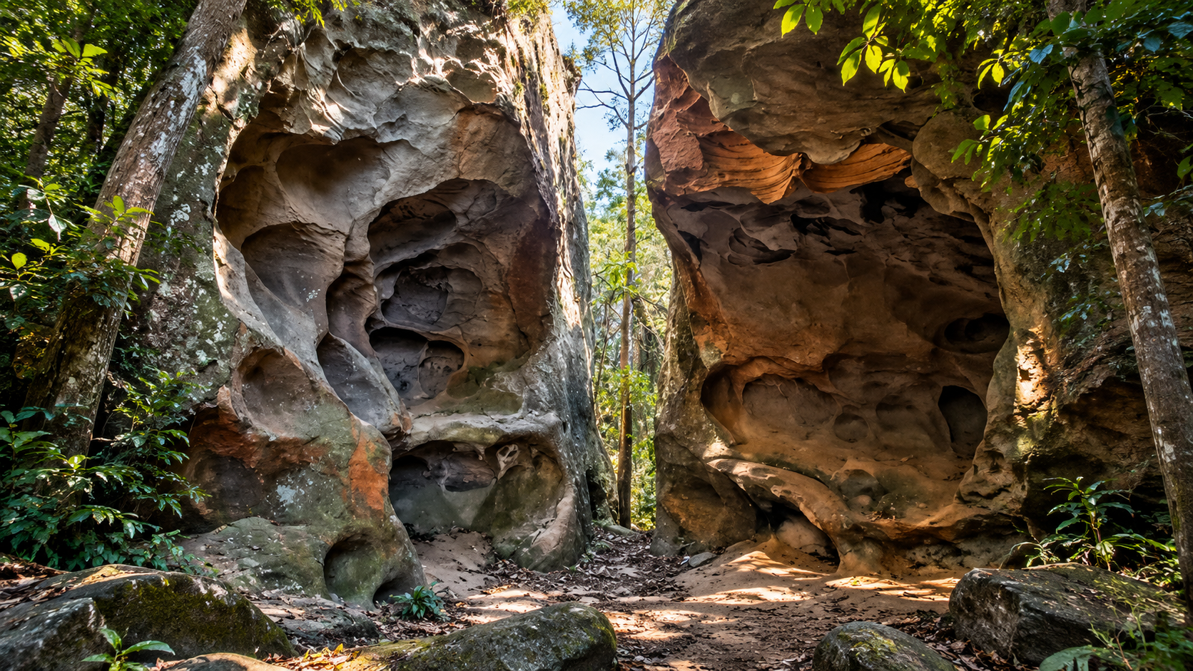 Weathered sandstone pillars along a forest trail at Nam Phong National Park