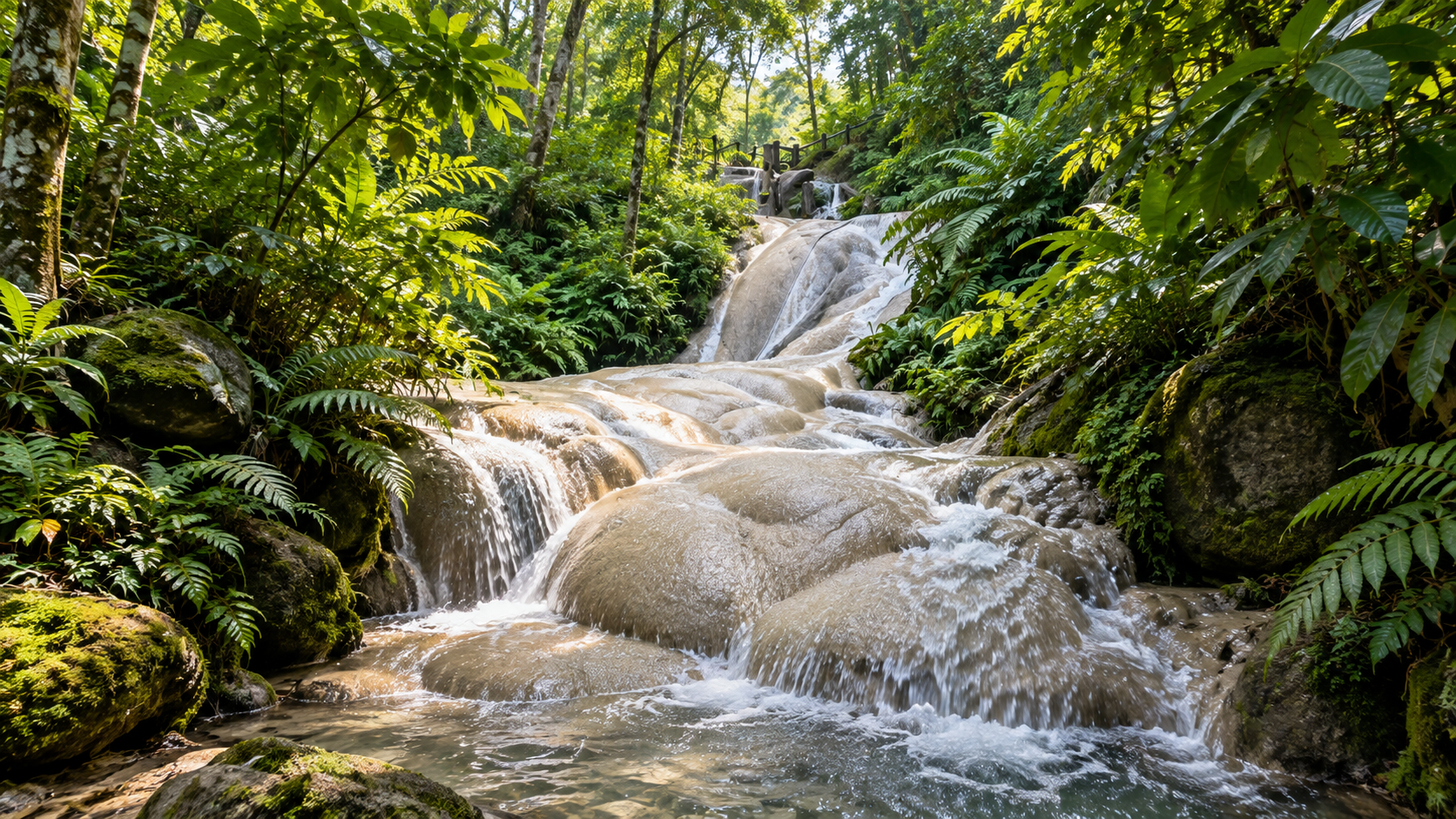 Limestone waterfall landscape and green forest at Bua Thong Waterfall, Chiang Mai