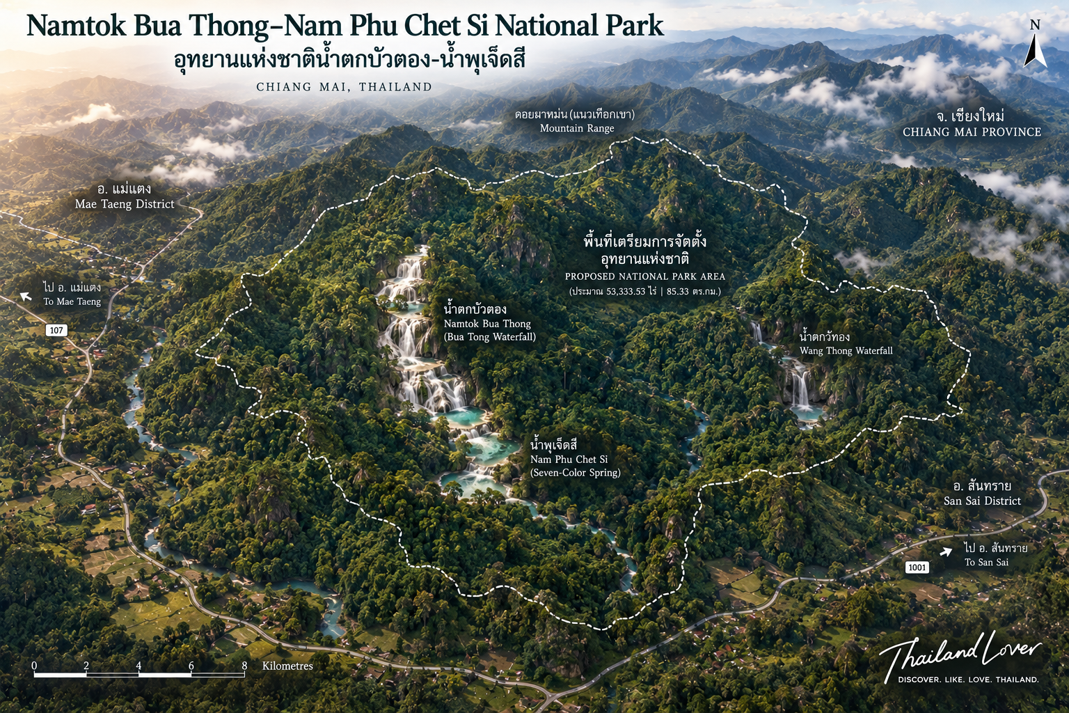 Map of Namtok Bua Thong–Nam Phu Chet Si National Park preparatory area in Mae Taeng, Chiang Mai