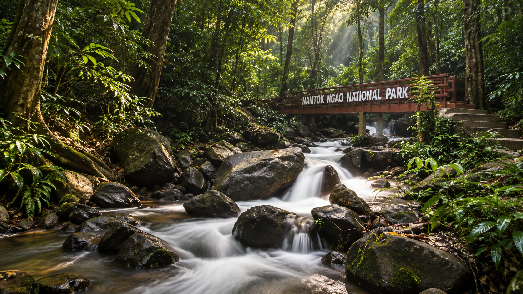 Rainforest stream and wooden bridge at Namtok Ngao National Park, Ranong