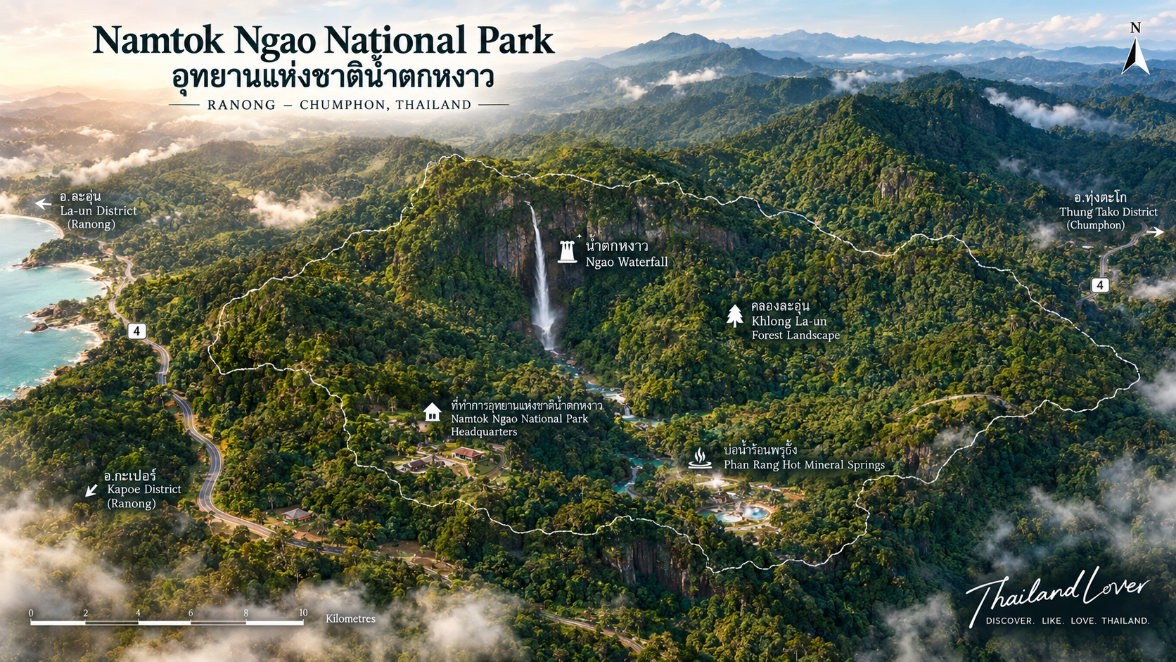 Illustrated orientation map of Namtok Ngao National Park across Ranong and Chumphon, showing Ngao Waterfall, Namsao Mountain, the Phrang hot spring, Khlong Phrao and Bang Rin waterfalls