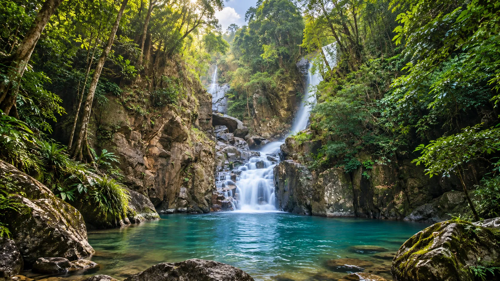 Turquoise pool and multi-tier Phlio Waterfall framed by rainforest in Namtok Phlio National Park, Chanthaburi