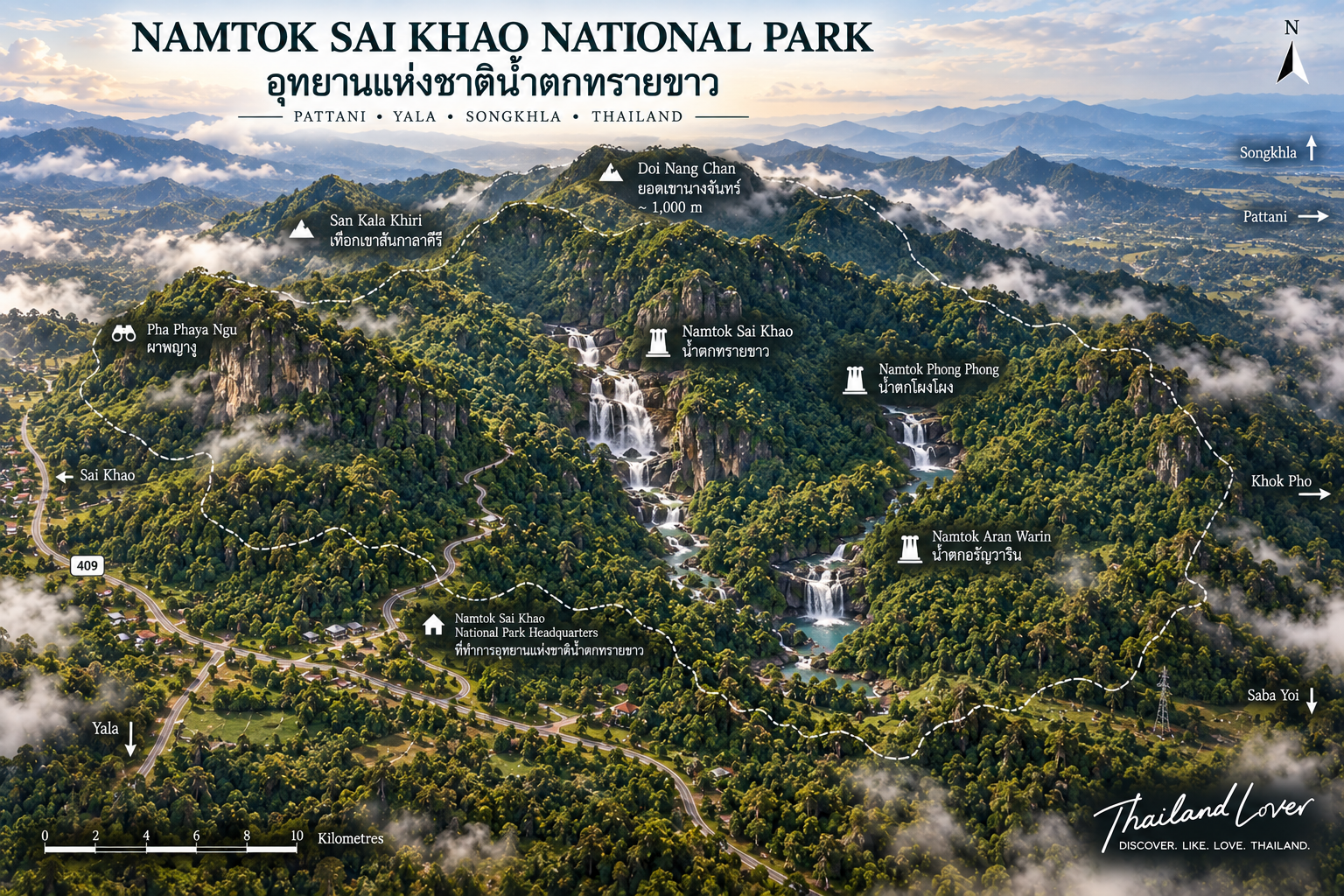 Illustrated orientation map of Namtok Sai Khao National Park across Pattani, Yala and Songkhla, showing Sai Khao Waterfall, Phong Phong, Aranyawarin, Pha Phaya Ngu, Doi Nang Chan and Highway 409