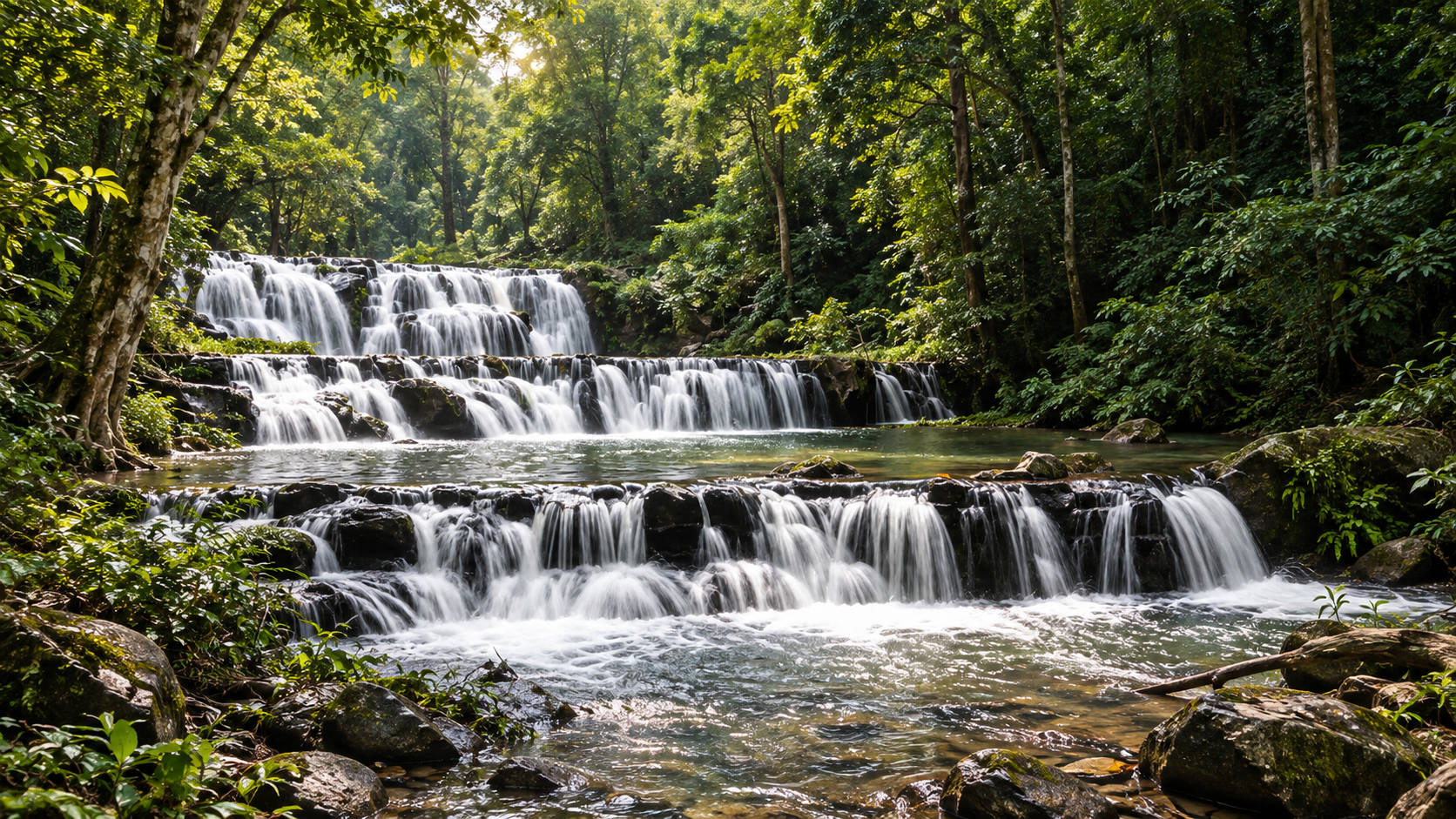 Broad stepped cascades of Sam Lan Waterfall in Saraburi