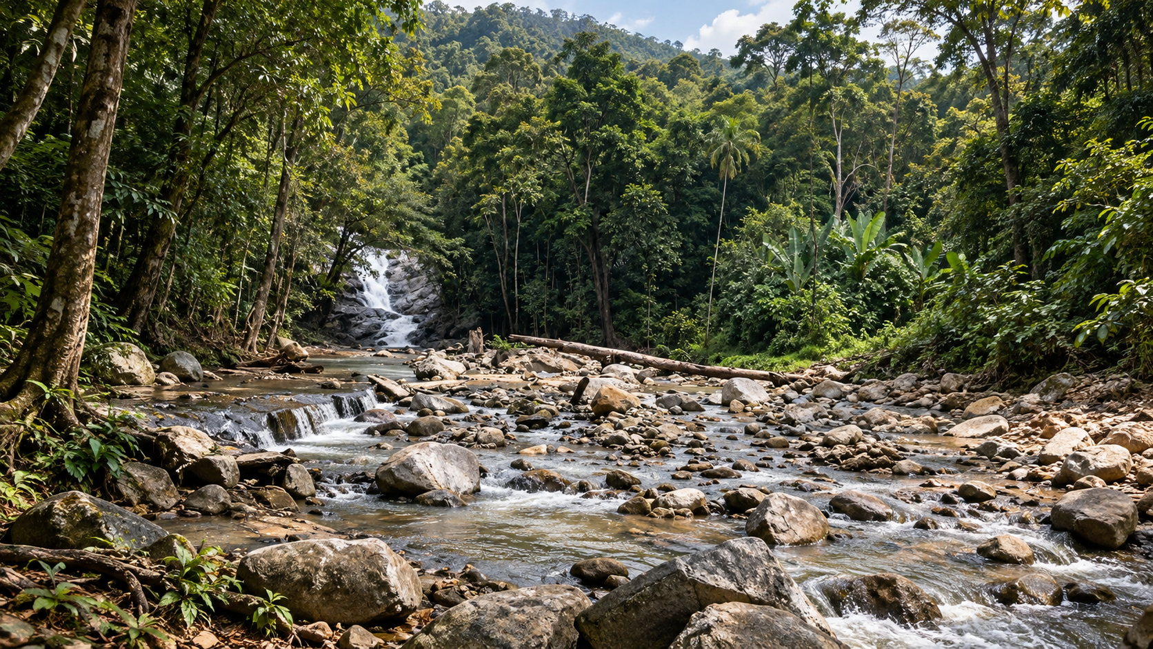 Mountain stream and rainforest leading toward Si Po Waterfall in southern Thailand