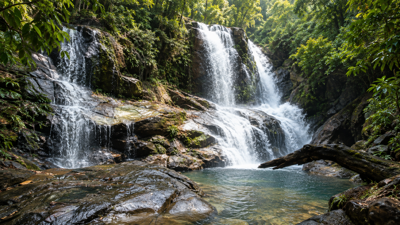 Seven-tier Si Po Waterfall cascading over granite into a clear forest pool