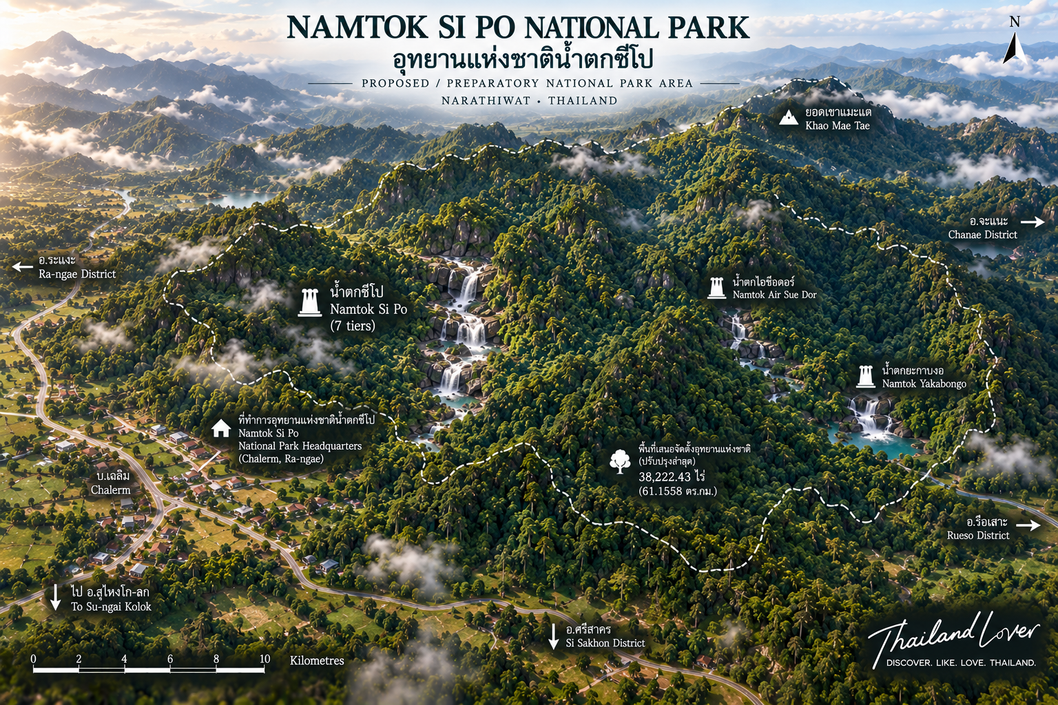 Illustrated orientation map of Namtok Si Po proposed national park in Narathiwat, showing Si Po Waterfall, Khao Mae Tae and surrounding districts