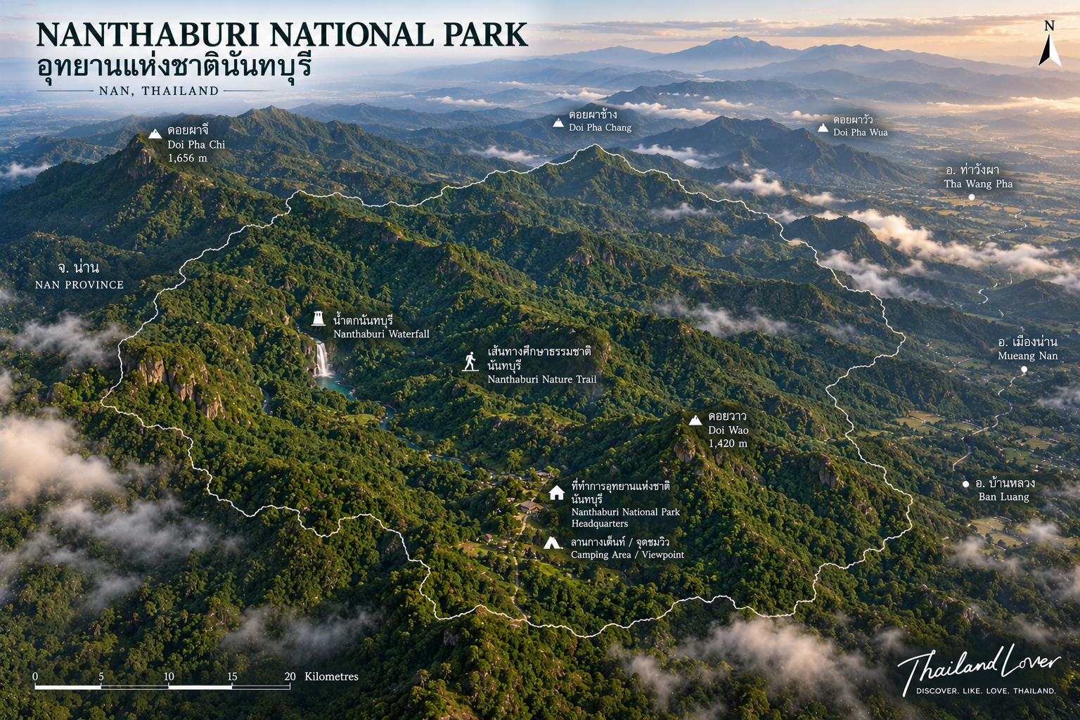 Map of Nanthaburi National Park showing mountain ridges, park service area and key landscape of Nan Province