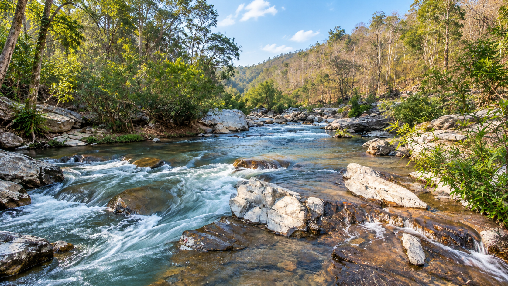 Mae Khan River flowing through rocky forest landscape at Ob Khan in Chiang Mai Thailand