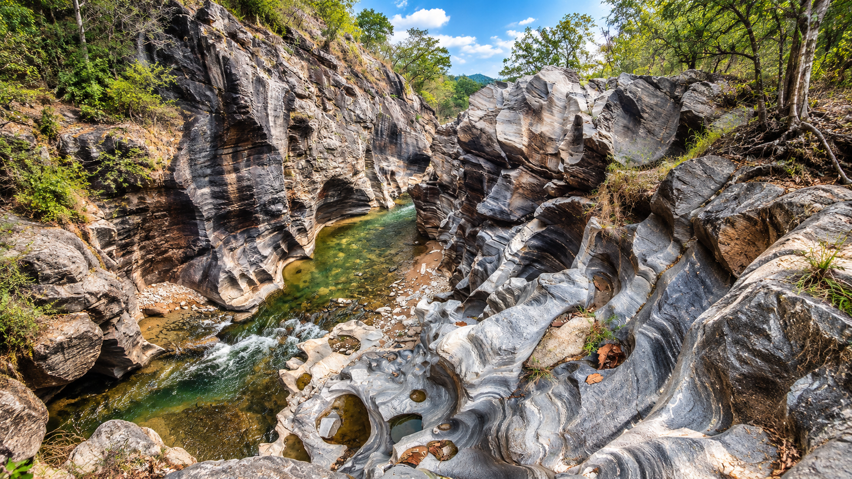 Ob Khan Gorge where the Mae Khan River flows between rock cliffs in Chiang Mai